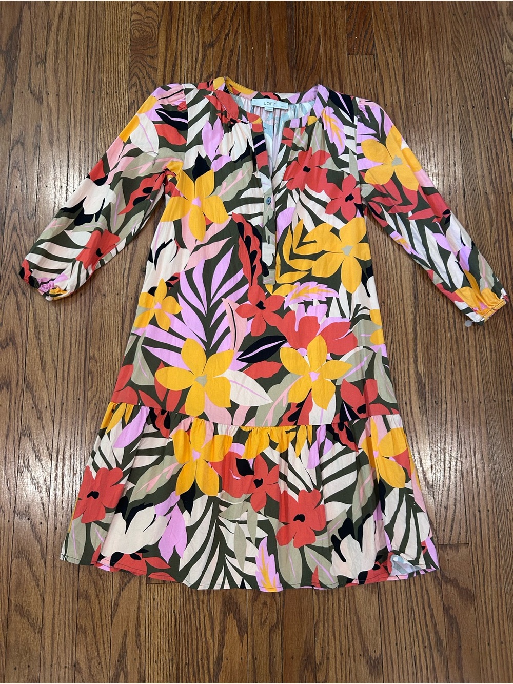 LOFT Bold Floral Tiered V-Neck Dress in Yellow, Red & Pink - XXSP